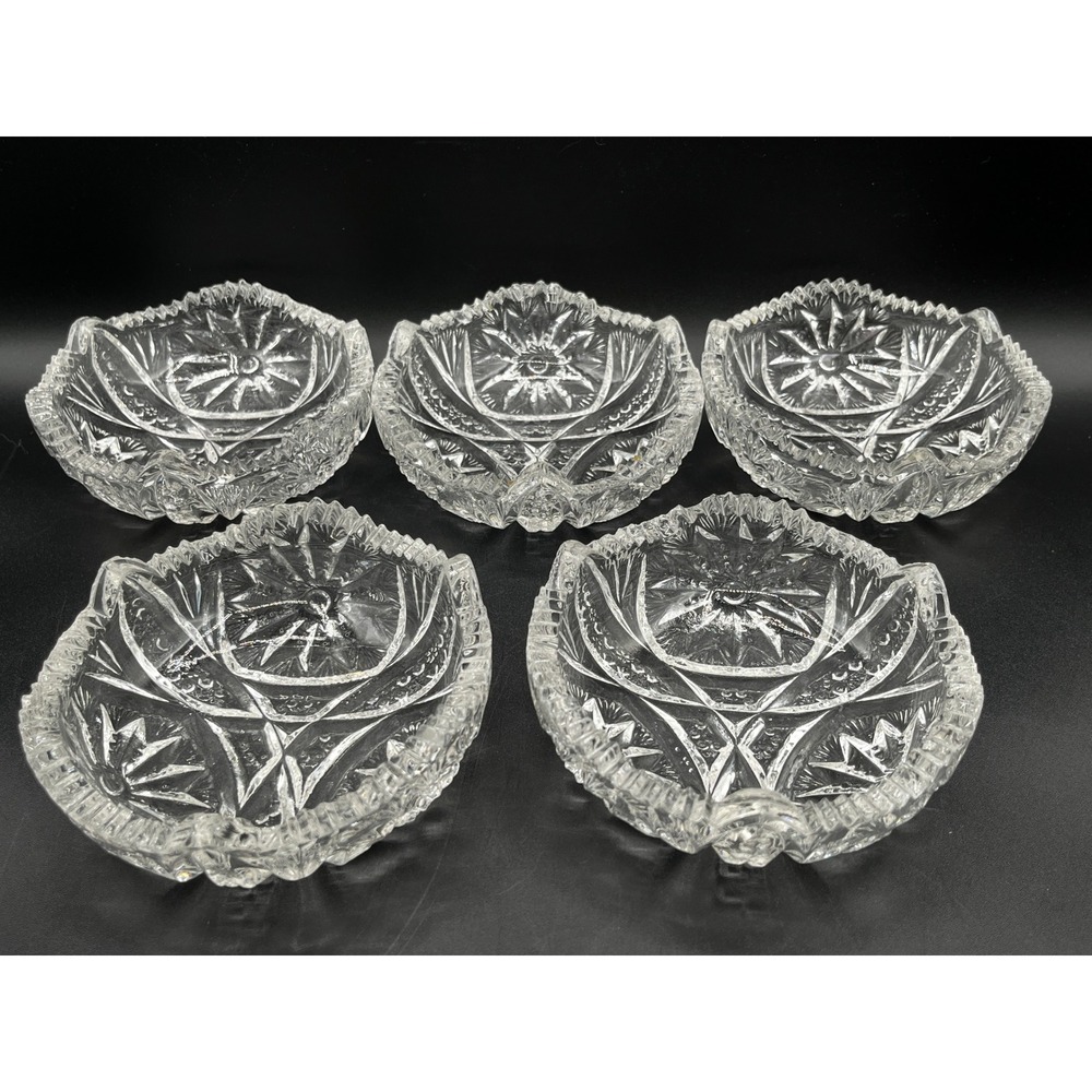 Vtg Cut Glass Nut Bowls Set of 5 Pinwheel Fan Sawtooth Rim Heavy Glass 4.5" - Picture 1 of 10